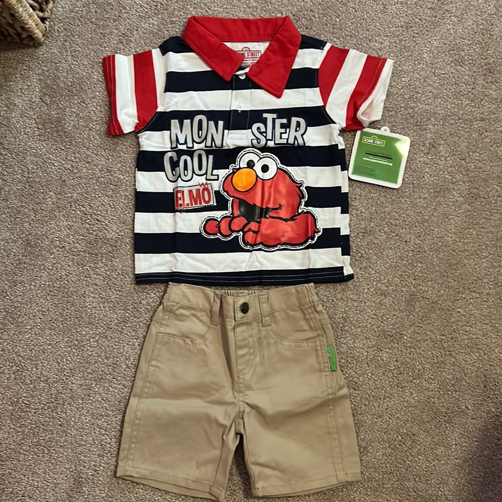 Sesame Street boy polo shirt, khaki pants, size 18M